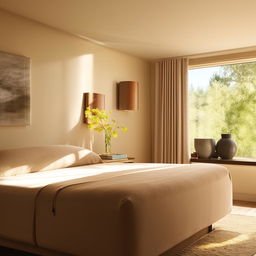 A modern styled bedroom with neutral tones, filled with soft sunlight. It has a plush king size bed, stylish nightstands, and calming artwork on the walls.