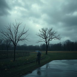 A gloomy landscape with a dark, cloudy sky, casting a muted light over a deserted park filled with wilting flowers