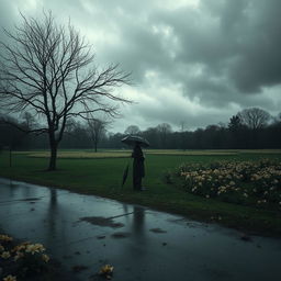 A gloomy landscape with a dark, cloudy sky, casting a muted light over a deserted park filled with wilting flowers