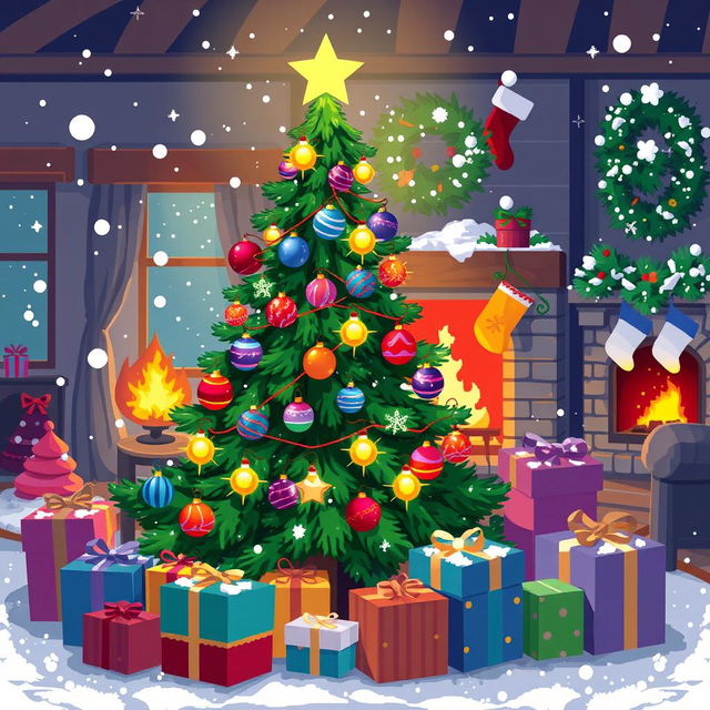 A festive and vibrant pixel art Christmas tree decorated with colorful ornaments, twinkling lights, and a bright star on top