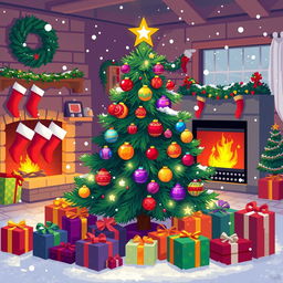 A festive and vibrant pixel art Christmas tree decorated with colorful ornaments, twinkling lights, and a bright star on top
