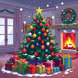 A festive and vibrant pixel art Christmas tree decorated with colorful ornaments, twinkling lights, and a bright star on top