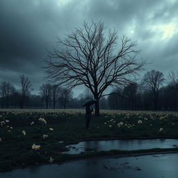 A gloomy landscape with a dark, cloudy sky, casting a muted light over a deserted park filled with wilting flowers