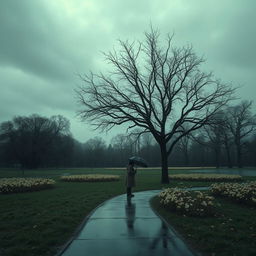 A gloomy landscape with a dark, cloudy sky, casting a muted light over a deserted park filled with wilting flowers