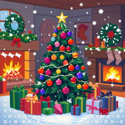 A festive and vibrant pixel art Christmas tree decorated with colorful ornaments, twinkling lights, and a bright star on top