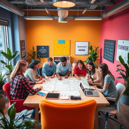A creative workplace setting filled with vibrant colors and inspiring elements