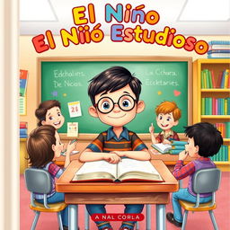 A charming book cover illustration featuring a studious young boy sitting at a desk in his school classroom, surrounded by his friends who are engaging in various learning activities