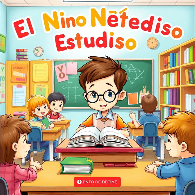 A charming book cover illustration featuring a studious young boy sitting at a desk in his school classroom, surrounded by his friends who are engaging in various learning activities