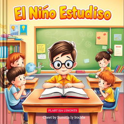A charming book cover illustration featuring a studious young boy sitting at a desk in his school classroom, surrounded by his friends who are engaging in various learning activities