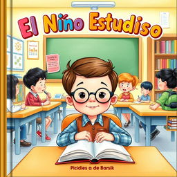 A charming book cover illustration featuring a studious young boy sitting at a desk in his school classroom, surrounded by his friends who are engaging in various learning activities