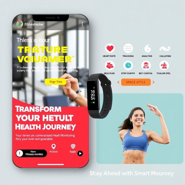 An engaging social media advertisement for a new fitness tracker, showcasing advanced health monitoring features such as heart rate tracking, sleep analysis, step counting, and calorie tracking