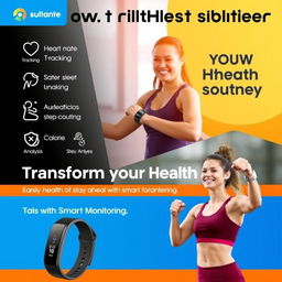 An engaging social media advertisement for a new fitness tracker, showcasing advanced health monitoring features such as heart rate tracking, sleep analysis, step counting, and calorie tracking
