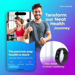 An engaging social media advertisement for a new fitness tracker, showcasing advanced health monitoring features such as heart rate tracking, sleep analysis, step counting, and calorie tracking