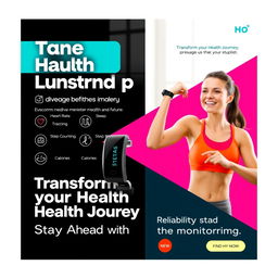 An engaging social media advertisement for a new fitness tracker, showcasing advanced health monitoring features such as heart rate tracking, sleep analysis, step counting, and calorie tracking