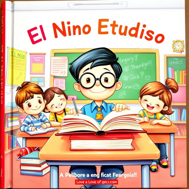 A delightful book cover illustration depicting a studious young boy in a colorful classroom, surrounded by his cheerful friends