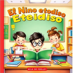 A delightful book cover illustration depicting a studious young boy in a colorful classroom, surrounded by his cheerful friends
