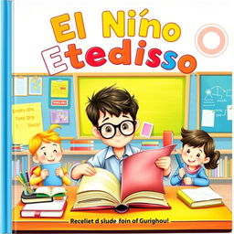 A delightful book cover illustration depicting a studious young boy in a colorful classroom, surrounded by his cheerful friends