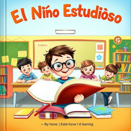 A delightful book cover illustration depicting a studious young boy in a colorful classroom, surrounded by his cheerful friends