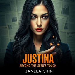 A dramatic portrait of a strong-willed female prosecutor with long dark hair, exuding confidence and authority