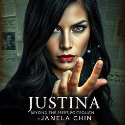 A dramatic portrait of a strong-willed female prosecutor with long dark hair, exuding confidence and authority