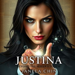 A dramatic portrait of a strong-willed female prosecutor with long dark hair, exuding confidence and authority