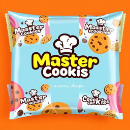 A vibrant and modern packaging design for a cookie brand named 'Master Cookis'