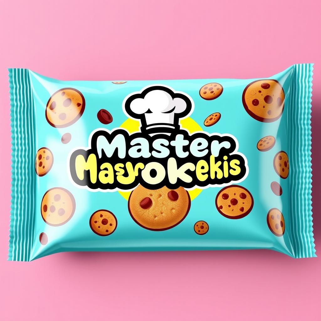 A vibrant and modern packaging design for a cookie brand named 'Master Cookis'