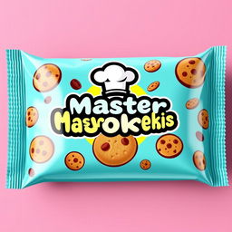 A vibrant and modern packaging design for a cookie brand named 'Master Cookis'