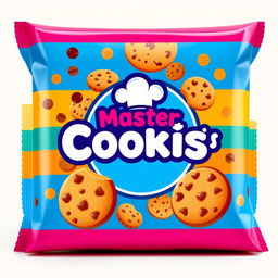 A vibrant and modern packaging design for a cookie brand named 'Master Cookis'
