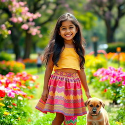 A cute Indian girl wearing a vibrant, patterned skirt, with a bright smile, standing in a colorful park filled with blooming flowers and greenery