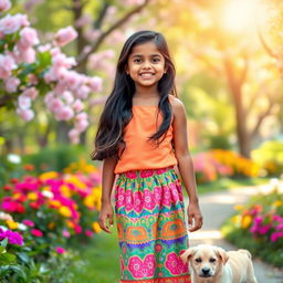 A cute Indian girl wearing a vibrant, patterned skirt, with a bright smile, standing in a colorful park filled with blooming flowers and greenery