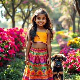 A cute Indian girl wearing a vibrant, patterned skirt, with a bright smile, standing in a colorful park filled with blooming flowers and greenery