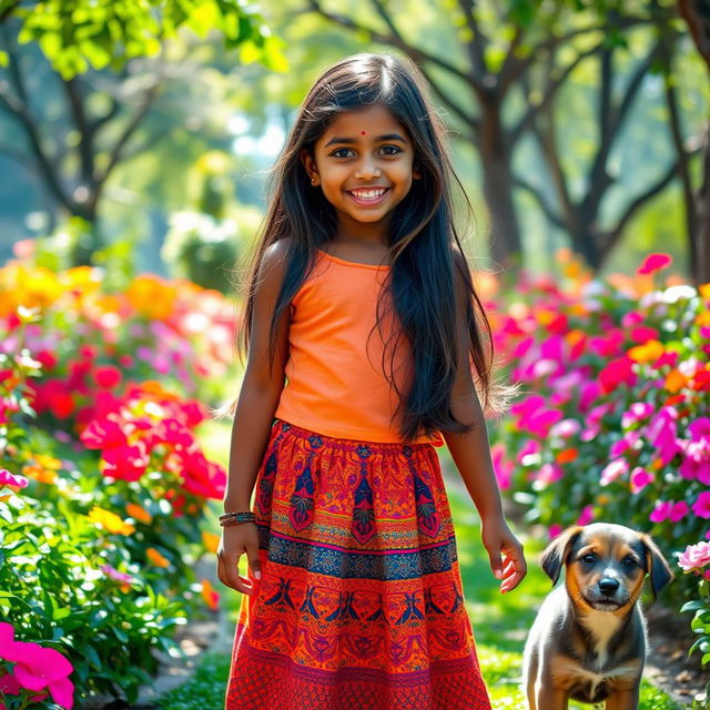 A cute Indian girl wearing a vibrant, patterned skirt, with a bright smile, standing in a colorful park filled with blooming flowers and greenery