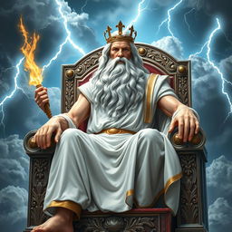 A majestic depiction of Zeus, the Greek god of thunder and sky, sitting on a grand throne made of marble adorned with intricate carvings