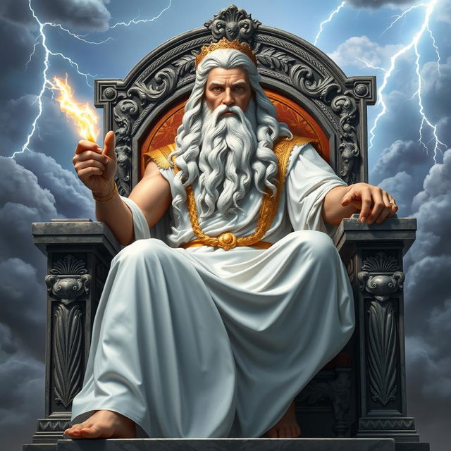 A majestic depiction of Zeus, the Greek god of thunder and sky, sitting on a grand throne made of marble adorned with intricate carvings