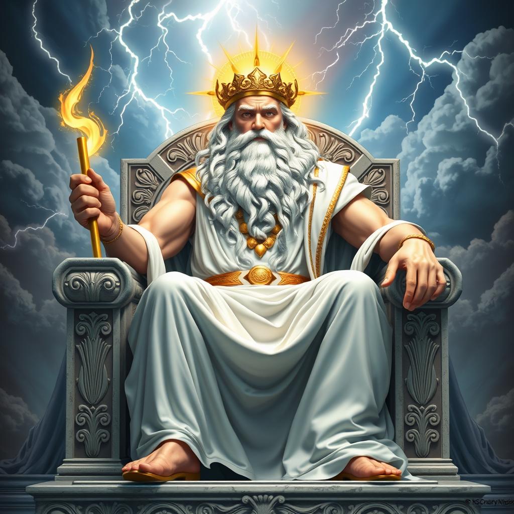 A majestic depiction of Zeus, the Greek god of thunder and sky, sitting on a grand throne made of marble adorned with intricate carvings