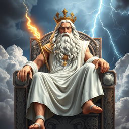 A majestic depiction of Zeus, the Greek god of thunder and sky, sitting on a grand throne made of marble adorned with intricate carvings