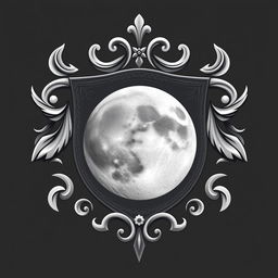 A beautifully designed coat of arms featuring a prominent full gray moon at its center