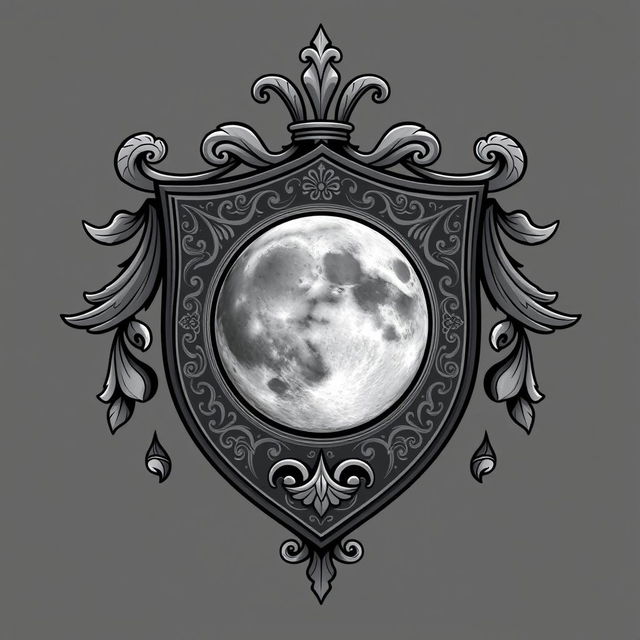 A beautifully designed coat of arms featuring a prominent full gray moon at its center