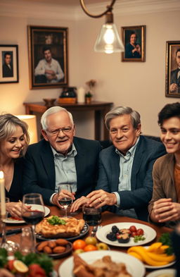 A warm, intimate family dinner scene featuring Walter and Victoria, a successful couple celebrating a decade of a thriving business 'Walter Investments'
