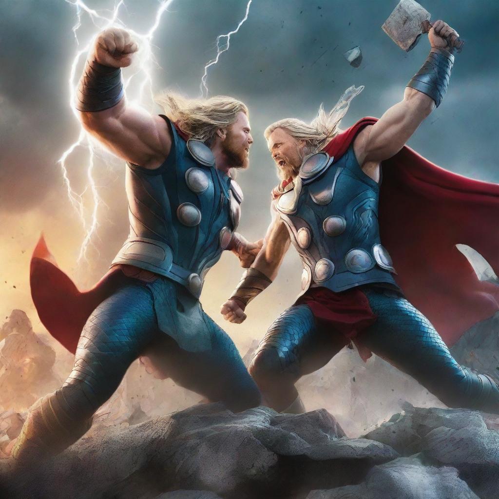 A high-quality digital art piece, featuring an epic clash between the God of Thunder and Gulk