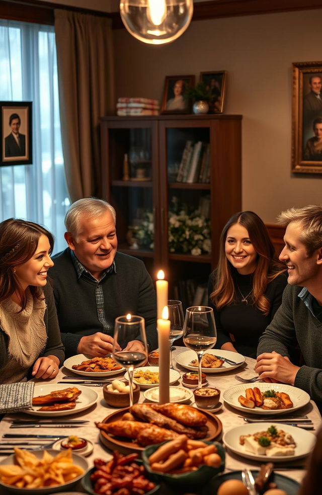 A warm, intimate family dinner scene featuring Walter and Victoria, a successful couple celebrating a decade of a thriving business 'Walter Investments'