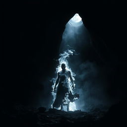 A mystical and haunting scene inside a dark cave illuminated by the ethereal light of the moon