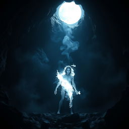 A mystical and haunting scene inside a dark cave illuminated by the ethereal light of the moon