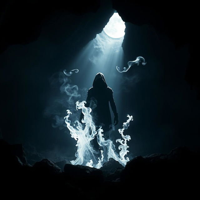 A mystical and haunting scene inside a dark cave illuminated by the ethereal light of the moon