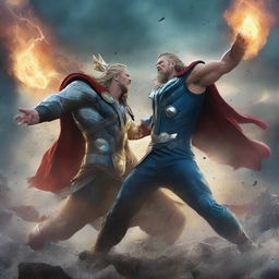 A high-quality digital art piece, featuring an epic clash between the God of Thunder and Gulk