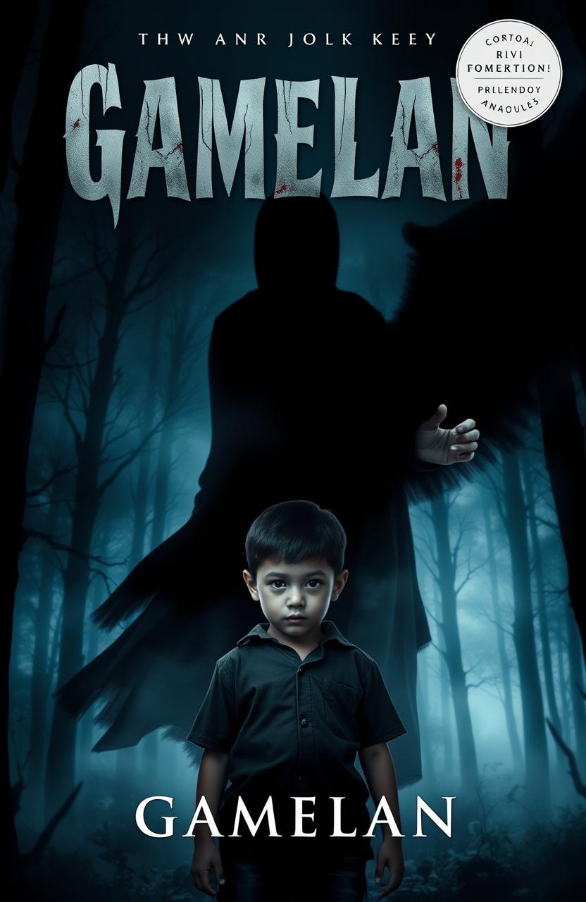 A chilling book cover design for a horror, mystery, dark novel featuring a young boy named Gamelan standing at the forefront