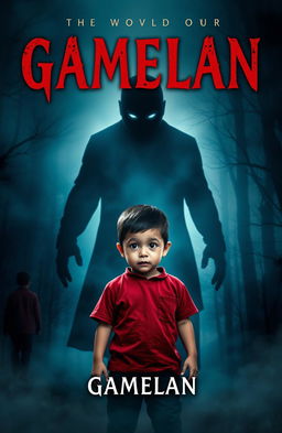 A chilling book cover design for a horror, mystery, dark novel featuring a young boy named Gamelan standing at the forefront