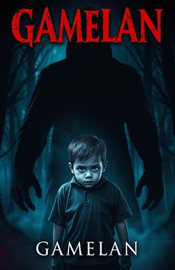 A chilling book cover design for a horror, mystery, dark novel featuring a young boy named Gamelan standing at the forefront
