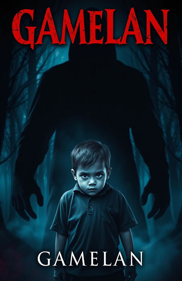 A chilling book cover design for a horror, mystery, dark novel featuring a young boy named Gamelan standing at the forefront